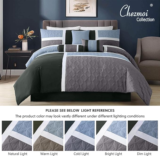 Chezmoi Collection Upland 7-Piece Quilted Patchwork Comforter Set, Gray/Light Blue/Charcoal, California King - LeafyLoom