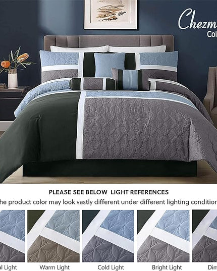 Chezmoi Collection Upland 7-Piece Quilted Patchwork Comforter Set, Gray/Light Blue/Charcoal, Queen - LeafyLoom