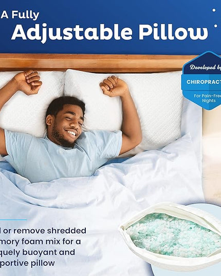 Snuggle-Pedic Adjustable Cooling Pillow - Shredded Memory Foam Pillows for Side, Stomach & Back Sleepers - Fluffy or Firm - Keeps Shape - College Dorm Room Essentials for Girls and Guys - King - LeafyLoom