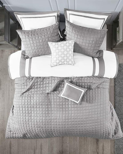 Madison Park Heritage Comforter Quilt Combo Set - Modern Luxury Design, All Season Down Alternative Bedding, Matching Shams, Decorative Pillows, King/Cal King(104"x92"), Color Block Grey 8 Piece - LeafyLoom