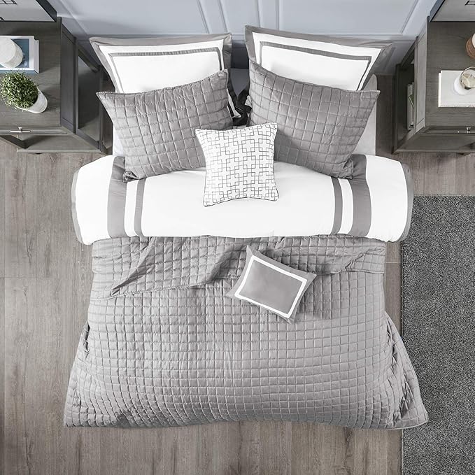 Madison Park Heritage Comforter Quilt Combo Set - Modern Luxury Design, All Season Down Alternative Bedding, Matching Shams, Decorative Pillows, Full/Queen(90"x90"), Color Block Grey 8 Piece - LeafyLoom