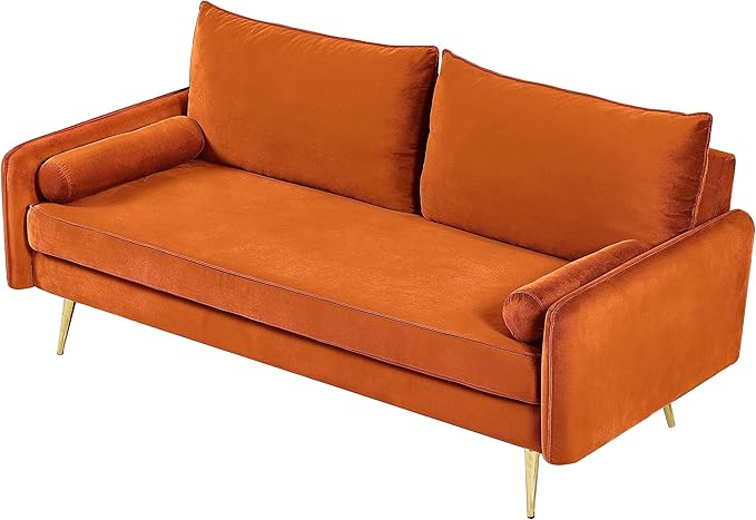 Kent Modern Sofa, European Style Velvet Living Room Furniture with Tapered Legs, Vintage Flair, and Sleek Design, Orange - LeafyLoom