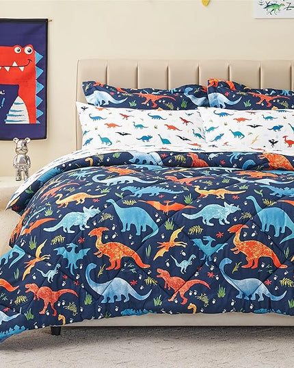 Kids Twin Dinosaur Bedding Comforter Set for Boys, 5 Pieces Twin Size Dinosaur Kids Bedding Set, Super Soft Lightweight Microfiber Comforter Set with Sheets for All Seasons - LeafyLoom