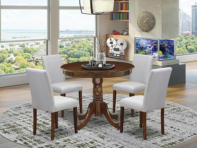 East West Furniture ANAB5-AWA-05 Antique 5 Piece Kitchen Set Contains a Round Dining Room Table with Pedestal and 4 Upholstered Chairs, 36x36 Inch - LeafyLoom