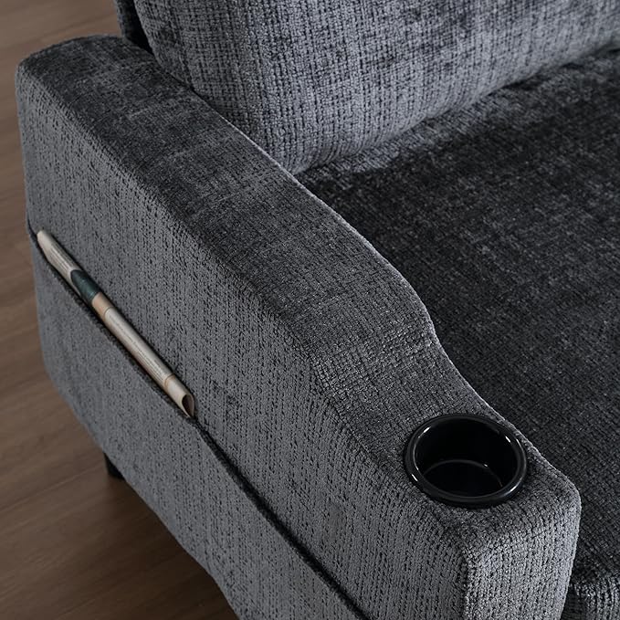 Convertible Sectional Sofa with Movable Storage Ottoman and Cupholders, 3 Seater L-Shaped Corner Couch,Chenille Upholstered Furniture w/Detachable Thicked Cushions for Living Room, Small Space - LeafyLoom