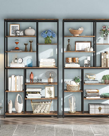 Modern 8-Tier Staggered Bookcase - 79 Inches Tall, Wide Wood Etagere Shelving Unit - LeafyLoom