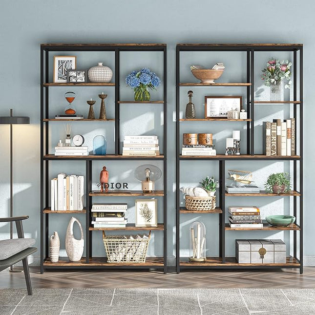 Modern 8-Tier Staggered Bookcase - 79 Inches Tall, Wide Wood Etagere Shelving Unit - LeafyLoom