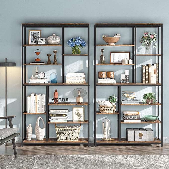 Modern 8-Tier Staggered Bookcase - 79 Inches Tall, Wide Wood Etagere Shelving Unit - LeafyLoom