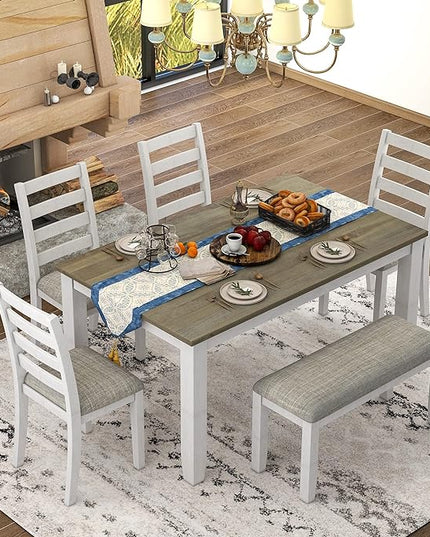 Kitchen Table and Chairs for 6, Rustic Style Dining Table Set, 6-Piece Rectangular Kitchen Table and 4 Upholstered Chairs & Bench for Dining Room, Living Room and Kitchen, Brown + Whitewash - LeafyLoom