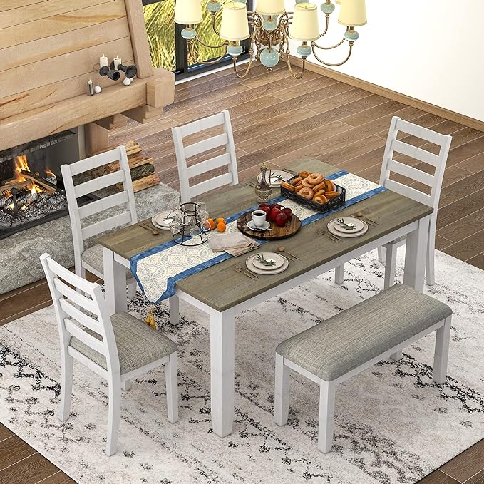 6-Piece Wooden Rectangular Dining Table Set with Bench and 4 Chairs for Kitchen Room Furniture, Rustic Style, Brown+Whitewash, 60" L x 36" W x 30" H - LeafyLoom