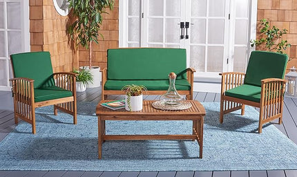 SAFAVIEH Outdoor Collection Rocklin Natural/ Green Cushion 4-Piece Conversation Patio Set - LeafyLoom