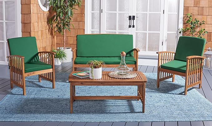 SAFAVIEH Outdoor Collection Rocklin Natural/ Green Cushion 4-Piece Conversation Patio Set - LeafyLoom