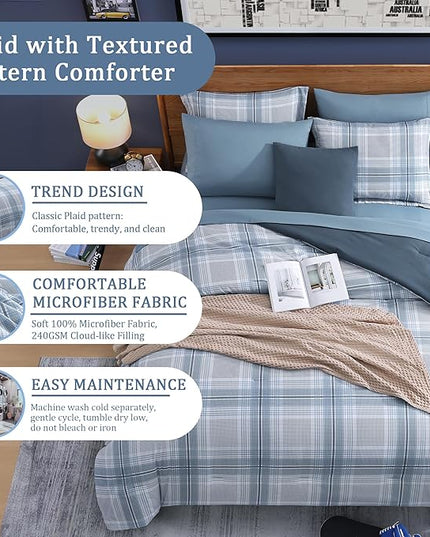 Blue King Size Comforter, Dorm Plaid Light Blue King Bedding Set Homestead-style King Size Bed Set for Bedroom (Light Blue,King,102"*90") - LeafyLoom