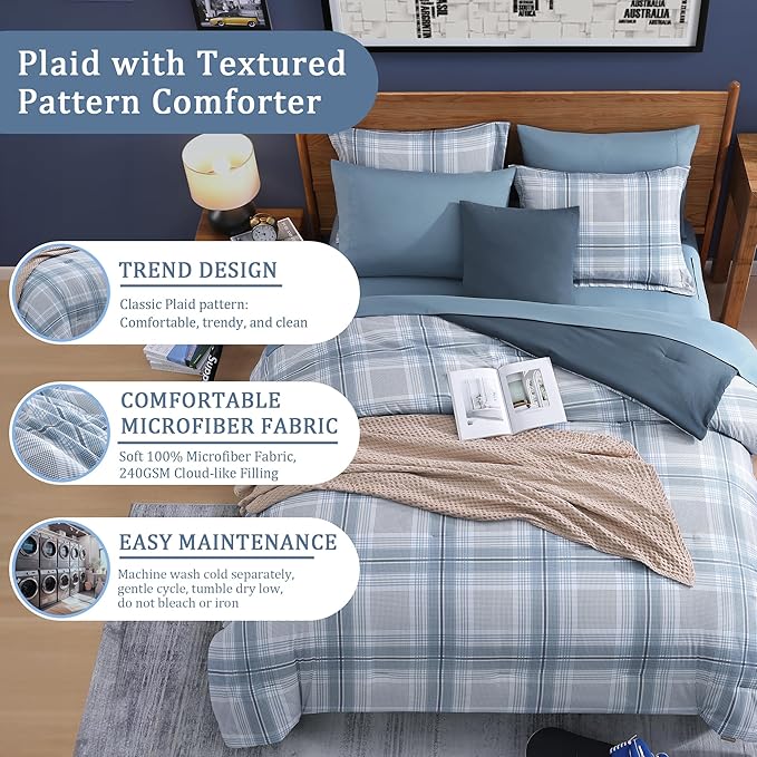 Blue King Size Comforter, Dorm Plaid Light Blue King Bedding Set Homestead-style King Size Bed Set for Bedroom (Light Blue,King,102"*90") - LeafyLoom