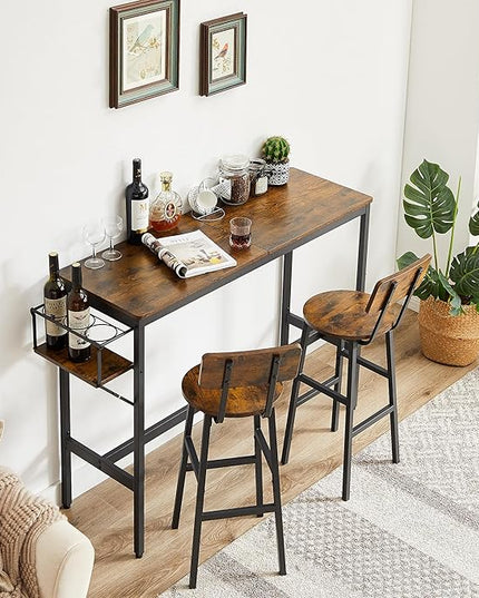 Dining Table Set for 2, Bar Table and Chairs Set, Industrial Counter Height Bar Table with Wine Rack, and 2 Stools with Backrest & Footrest, for Home, Kitchen, Bar, Small Space, Rustic Brown - LeafyLoom