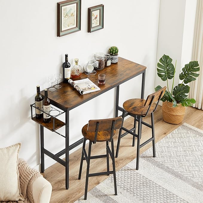 Dining Table Set for 2, Bar Table and Chairs Set, Industrial Counter Height Bar Table with Wine Rack, and 2 Stools with Backrest & Footrest, for Home, Kitchen, Bar, Small Space, Rustic Brown - LeafyLoom