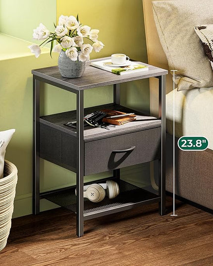 Night Stand with Fabric Drawer, Side Table with Mesh Shelf, Bedroom Nightstand, Fabric Drawer Dresser, Open Shelf, Metal Frame, Couch Side, Charcoal Gray - LeafyLoom