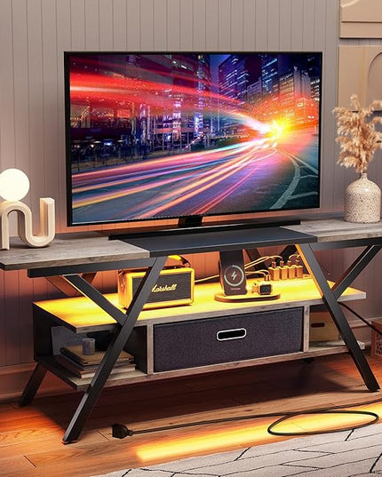 Bestier Gaming TV Stands for Living Room with Power Outlets LED Entertainment Center for TV up to 65 Inch 55” TV Game Console for Living Room Bedroom Removable Drawer 20 Dynamic RGB Modes, Wash Grey - LeafyLoom
