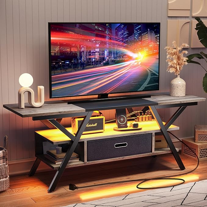 Bestier Gaming TV Stands for Living Room with Power Outlets LED Entertainment Center for TV up to 65 Inch 55” TV Game Console for Living Room Bedroom Removable Drawer 20 Dynamic RGB Modes, Wash Grey - LeafyLoom