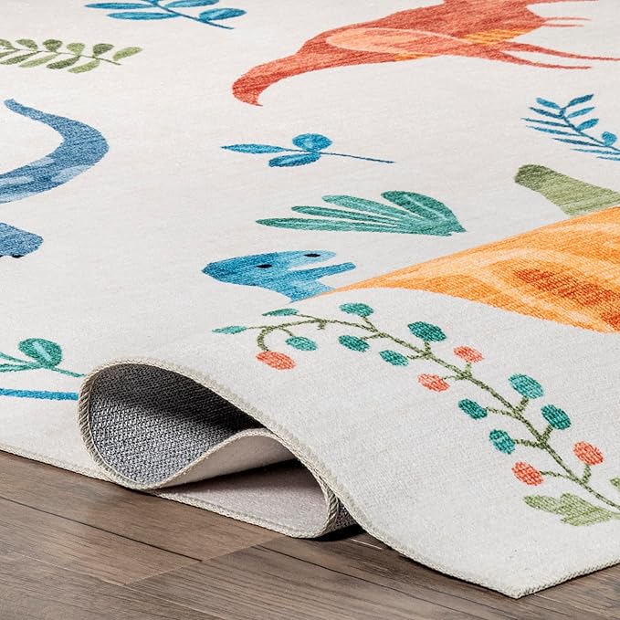 nuLOOM Eamon Dinosaur Machine Washable Kids Ultra Thin Area Rug, 4' x 6', White Multi - LeafyLoom