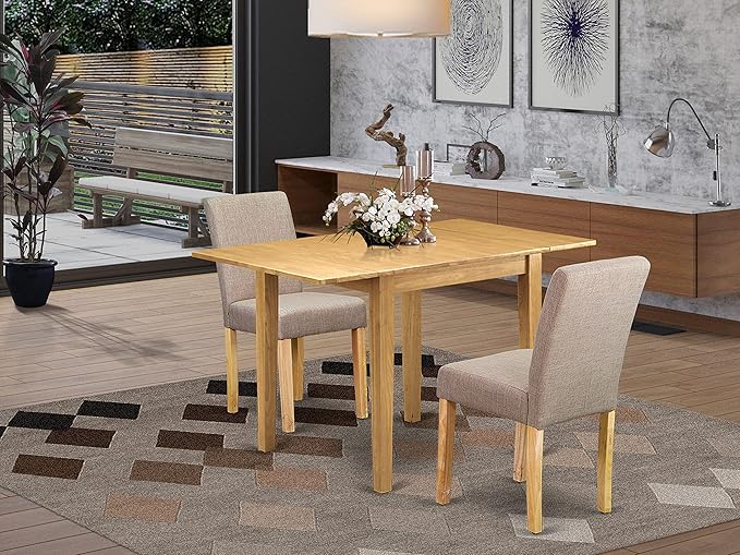 East West Furniture 1NDAB3-OAK-04 3 Piece Kitchen Set Contains a Rectangle Table with Dropleaf and 2 Light Tan Linen Fabric Parson Dining Room Chairs, 30x48 Inch - LeafyLoom
