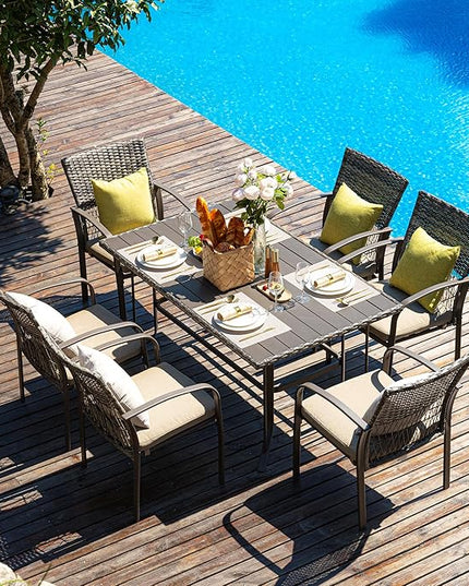 Pamapic 8504 Patio Dining 7 Piece, Outdoor Wicker Furniture Set for Backyard Garden Deck Poolside/Iron Slats Table Top, Removable Cushions, 7 Pack, Beige - LeafyLoom