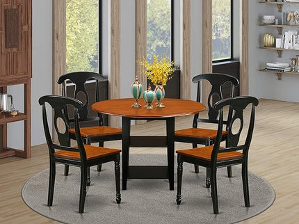 East West Furniture SUKE5-BCH-W Sudbury 5 Piece Kitchen Set for 4 Includes a Round Room Table with Dropleaf & Shelves and 4 Dining Chairs, 42x42 Inch - LeafyLoom