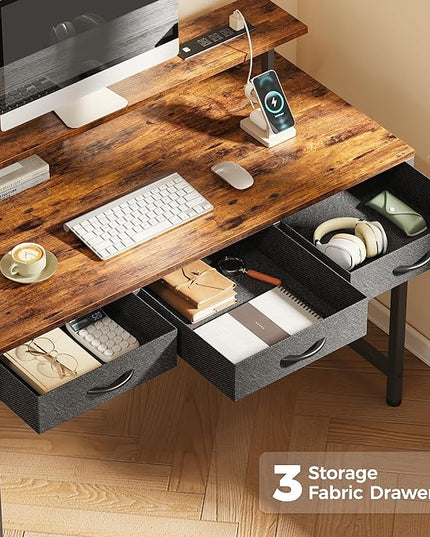 47 inch Computer Desk with 3 Drawers, Office Desk Gaming Desk with LED Lights & Power Outlets, Home Office Desks with Storage Space for Bedroom, Work from Home, Rustic Brown - LeafyLoom