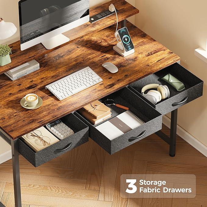 47 inch Computer Desk with 3 Drawers, Office Desk Gaming Desk with LED Lights & Power Outlets, Home Office Desks with Storage Space for Bedroom, Work from Home, Rustic Brown - LeafyLoom