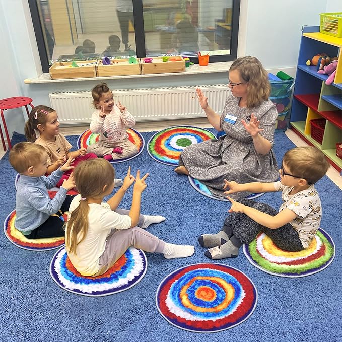 HiiARug Carpet Circles Kids Rug 16" Rainbow Crazy Carpet Circle Seats Pre-School Classroom Accessories 12pcs Round Carpet Seats Group Activity Spots Marker for Classroom Kindergarden Playroom - LeafyLoom