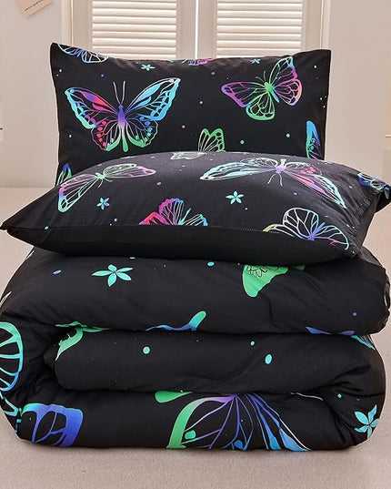Btargot 3 Piece Butterfly Pattern Girls Comforter Set with 2 Pillow Covers, Gradient Line Rainbow Printed Bedding Set for Women, Queen Black - LeafyLoom