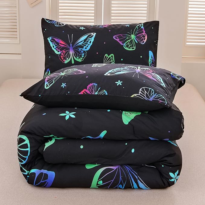 Btargot 3 Piece Butterfly Pattern Girls Comforter Set with 2 Pillow Covers, Gradient Line Rainbow Printed Bedding Set for Women, Queen Black - LeafyLoom