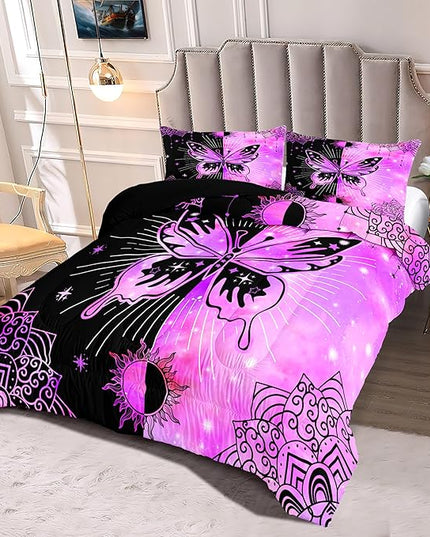 Butterfly Comforter Set for Girls Women, Butterfly Bed Set, Boho Butterflies with Sun and Moon Printed Bedding Sets, Black Purple Butterfly Comforter Set Full Size with 2 Pillowcases - LeafyLoom