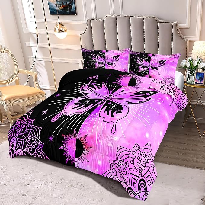 Butterfly Comforter Set for Girls Women, Butterfly Bed Set, Boho Butterflies with Sun and Moon Printed Bedding Sets, Black Purple Butterfly Comforter Set Full Size with 2 Pillowcases - LeafyLoom