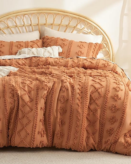 Bedsure Tufted Boho Comforter Set Queen - Pumpkin Boho Bedding Comforter Set, 3 Pieces Farmhouse Shabby Chic Embroidery Bed Set, Soft Jacquard Comforter for Women Men Girls - LeafyLoom
