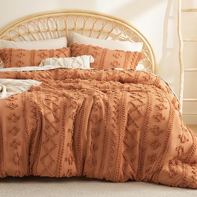 Bedsure Tufted Boho Comforter Set Queen - Pumpkin Boho Bedding Comforter Set, 3 Pieces Farmhouse Shabby Chic Embroidery Bed Set, Soft Jacquard Comforter for Women Men Girls - LeafyLoom