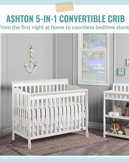 Dream On Me Ashton 4-In-1 Convertible Crib In White, Greenguard Gold, JPMA Certified, Non-Toxic Finishes, Features 4 Mattress Height Settings, Made Of Solid Pinewood - LeafyLoom