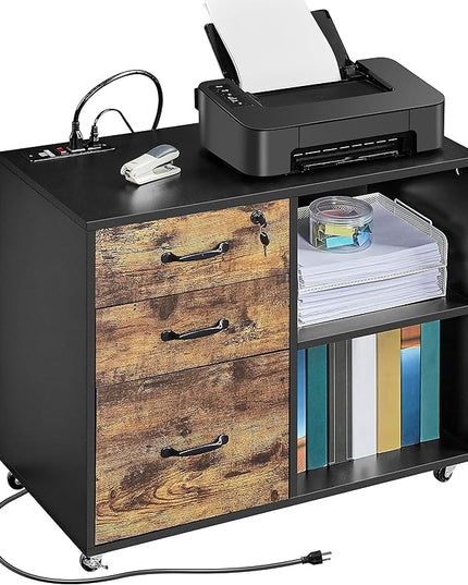 Yaheetech Filing Cabinet with Charging Station, Lateral File Cabinets Printer Stand with 3 Drawers, for Home and Office Black/Rustic Brown - LeafyLoom