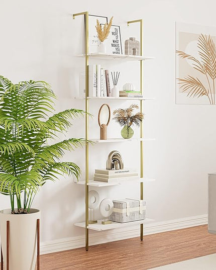 5 Tiers Ladder 2-Piece Shelf White Marble Modern Bookshelf Open Tall Wall Mount Bookcase Standing Leaning Wall Shelves Industrial Decorative - LeafyLoom