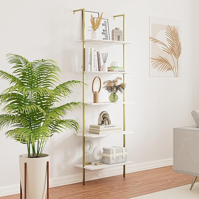 5 Tiers Ladder 2-Piece Shelf White Marble Modern Bookshelf Open Tall Wall Mount Bookcase Standing Leaning Wall Shelves Industrial Decorative - LeafyLoom