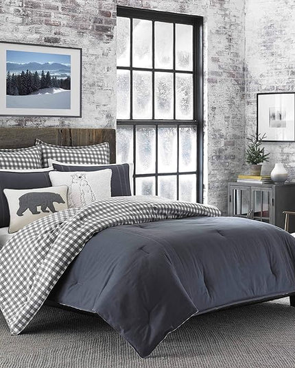 Eddie Bauer - King Comforter Set, Reversible Cotton Bedding with Matching Shams, Pre-Washed for Added Softness (Kingston Charcoal, King) - LeafyLoom
