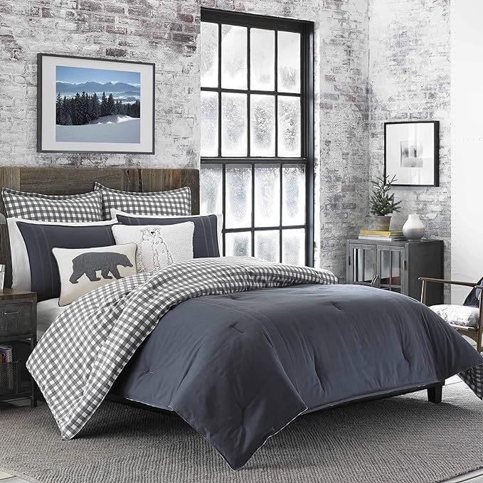 Eddie Bauer - King Comforter Set, Reversible Cotton Bedding with Matching Shams, Pre-Washed for Added Softness (Kingston Charcoal, King) - LeafyLoom