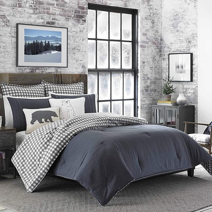 Eddie Bauer - Twin Comforter Set, Reversible Cotton Bedding with Matching Sham, Pre-Washed for Added Softness (Kingston Charcoal, Twin) - LeafyLoom