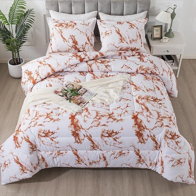 Litanika Rust Marble Comforter Full(79x90lnch), 3 Pieces(1 Marble Comforter and 2 Pillowcases) Soft Microfiber Comforter Bedding Set for Men and Women - LeafyLoom