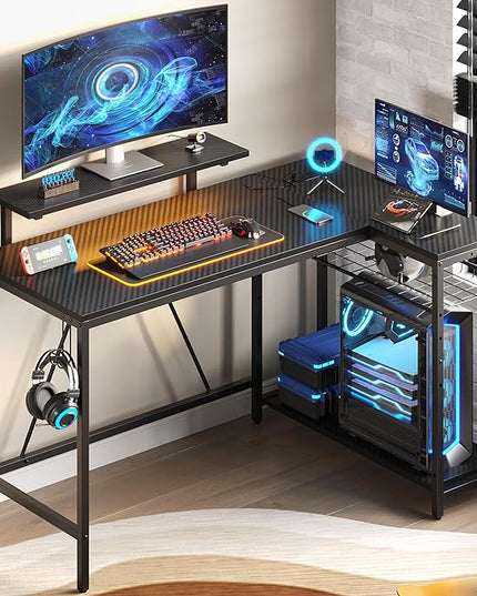 Bestier 52 Led Gaming Desk with Power Outlet & USB Ports,Small L Shaped Computer Desk with Headset Hooks,Corner Desk for Home Office Carbon Fiber Black - LeafyLoom