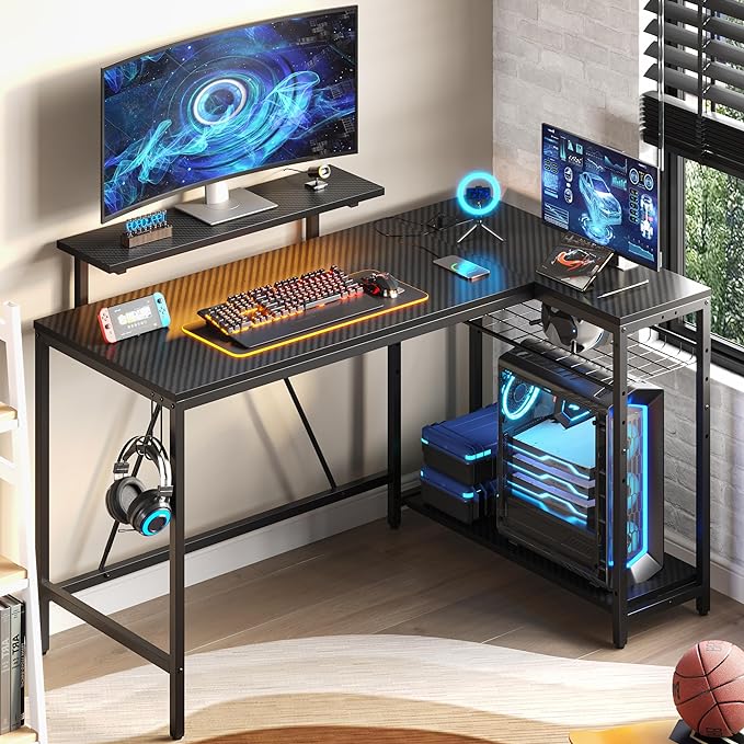 Bestier 52 Led Gaming Desk with Power Outlet & USB Ports,Small L Shaped Computer Desk with Headset Hooks,Corner Desk for Home Office Carbon Fiber Black - LeafyLoom