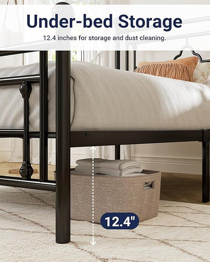 Allewie Twin Size Metal Platform Bed Frame with Victorian Vintage Headboard and Footboard/Mattress Foundation/Under Bed Storage/No Box Spring Needed/Noise-Free/Easy Assembly, Black - LeafyLoom