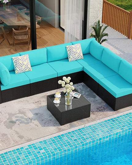Shintenchi 7 Pieces Outdoor Patio Sectional Sofa Couch, Black PE Wicker Furniture Conversation Sets with Washable Cushions & Glass Coffee Table for Garden, Poolside, Backyard (Blue) - LeafyLoom