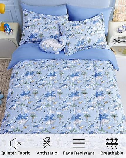 Mooreeke Kids Comforter Bed Set Twin Size for Boys, 6 Pieces Bed in a Bag with Shams, Sheet Set and 1 Decorative Toy Throw Pillow, Dinosaur Blue Super Twin Soft Microfiber Kids Comforter Bedding Set - LeafyLoom
