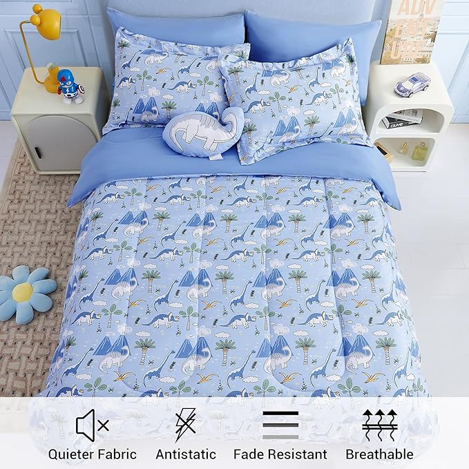 Mooreeke Kids Comforter Bed Set Twin Size for Boys, 6 Pieces Bed in a Bag with Shams, Sheet Set and 1 Decorative Toy Throw Pillow, Dinosaur Blue Super Twin Soft Microfiber Kids Comforter Bedding Set - LeafyLoom